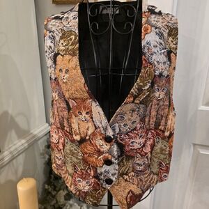 FACETS by Mirrors Cat Tapestry Vest Sz M Made in USA Whimsical Cat Lover VTG 90s